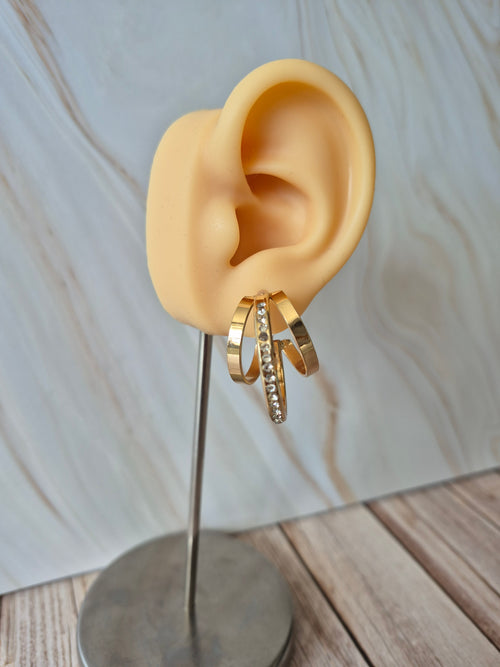 Creolen 3-fach Ring golden mit Glitzersteinchen